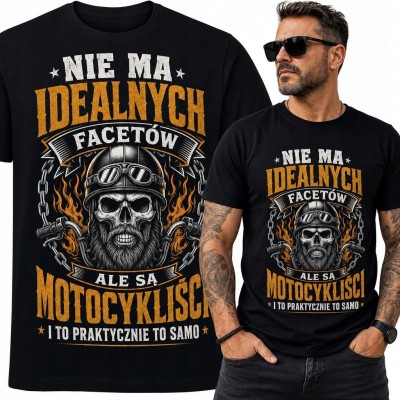 Koszulka męska dla motocyklisty „Nie ma idealnych facetów, ale są motocykliści” - czaszka w kasku