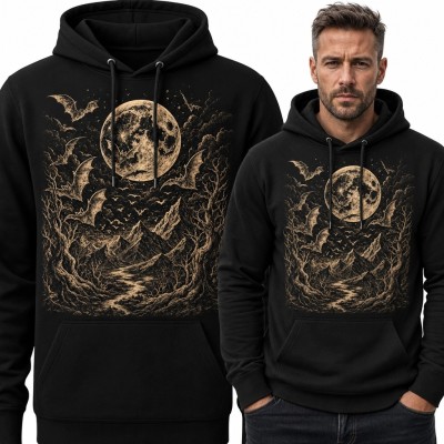 Bluza męska z kapturem - gotycki krajobraz górski z pełnią księżyca i nietoperzami