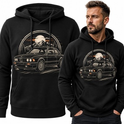 Bluza męska z kapturem - klasyczny sedan w górach w stylu retro