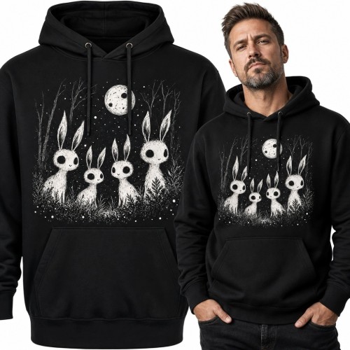 Bluza męska z kapturem - mroczne króliki w lesie pod pełnią księżyca