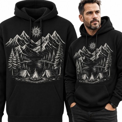 Bluza męska z kapturem - górski biwak nad jeziorem