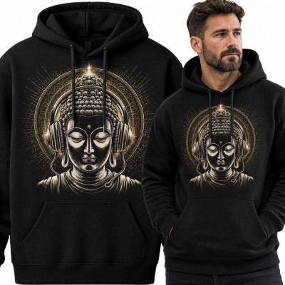 Bluza męska z kapturem - Budda w słuchawkach ze złotą aureolą