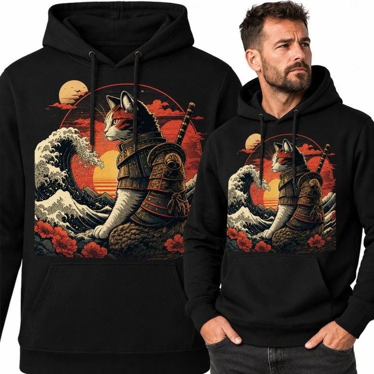 Bluza męska z kapturem - kot samuraj wśród japońskich fal