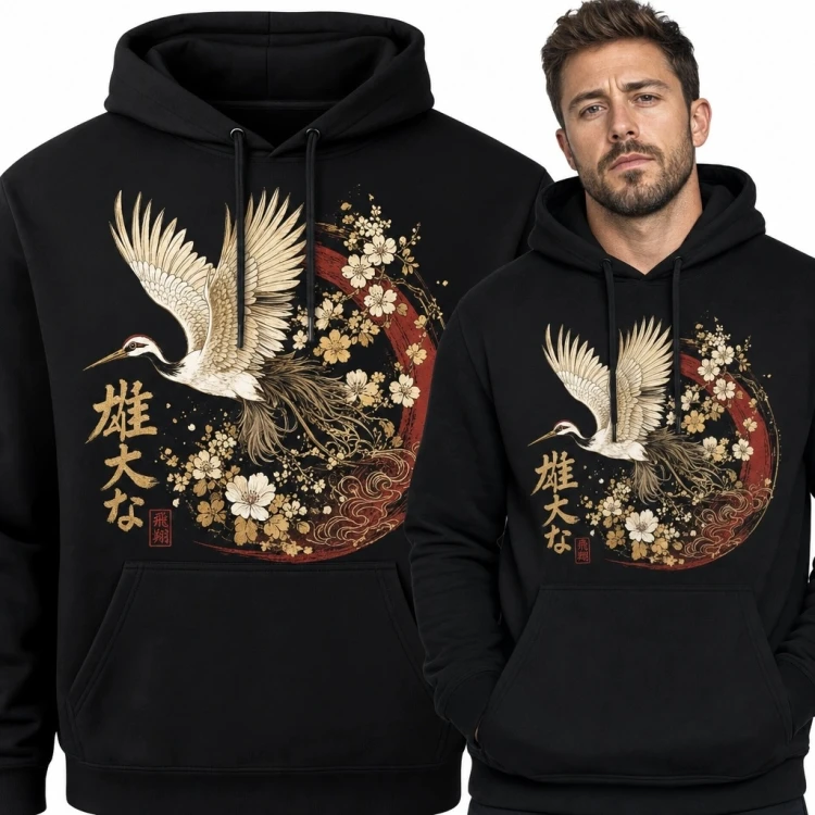 Bluza męska z kapturem z japońskim żurawiem i kwiatami