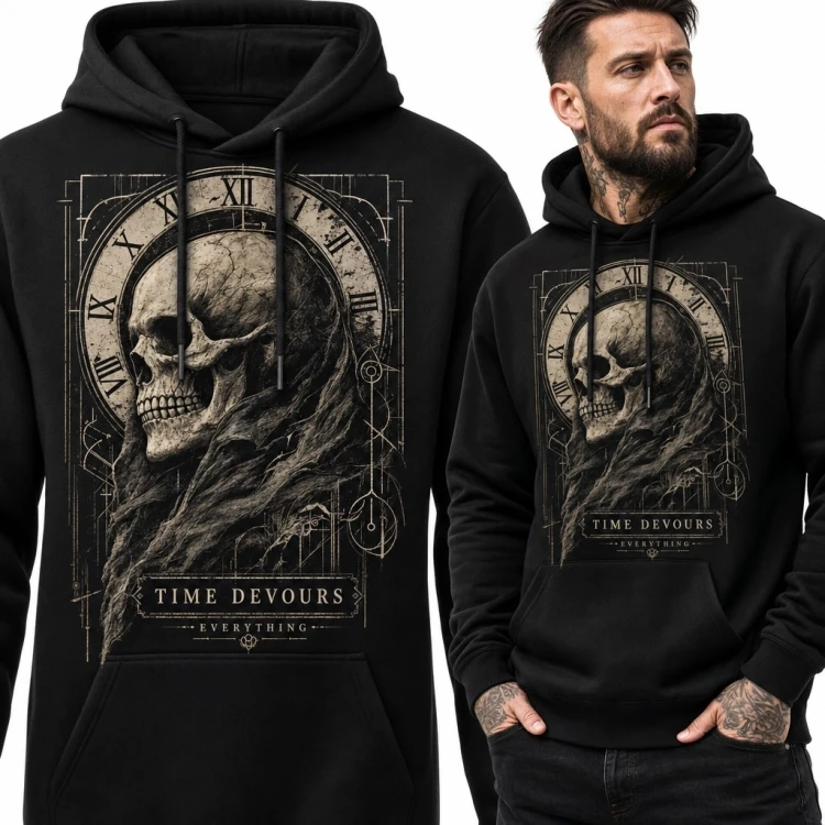 Bluza męska z kapturem z czaszką i zegarem „Time Devours Everything” - gotycki nadruk