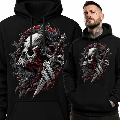 Bluza męska z kapturem z czaszką i sztyletem „Death Before Dishonor” - mroczny wzór gotycki