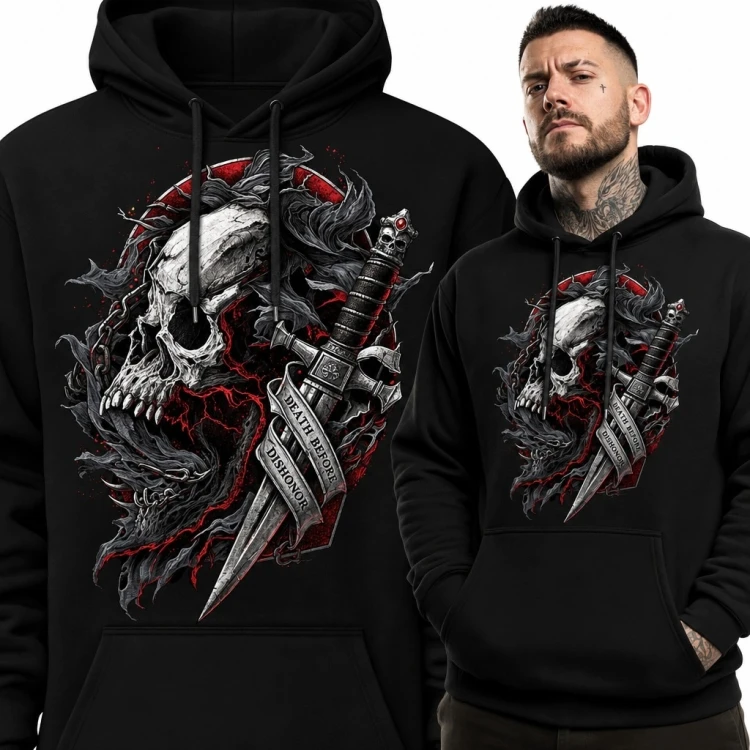 Bluza męska z kapturem z czaszką i sztyletem „Death Before Dishonor” - mroczny wzór gotycki