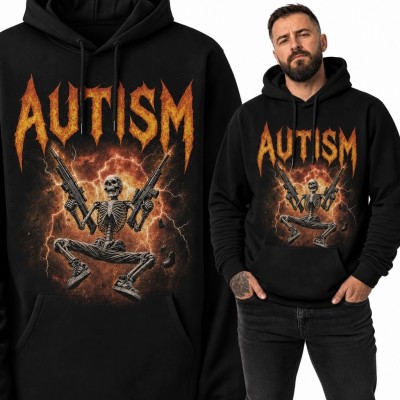 Bluza męska z kapturem ze szkieletem i napisem „Autism” - ognisty motyw heavy metal