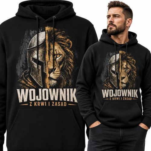 Bluza męska z kapturem z lwem i spartańskim wojownikiem „Wojownik - z krwi i zasad”