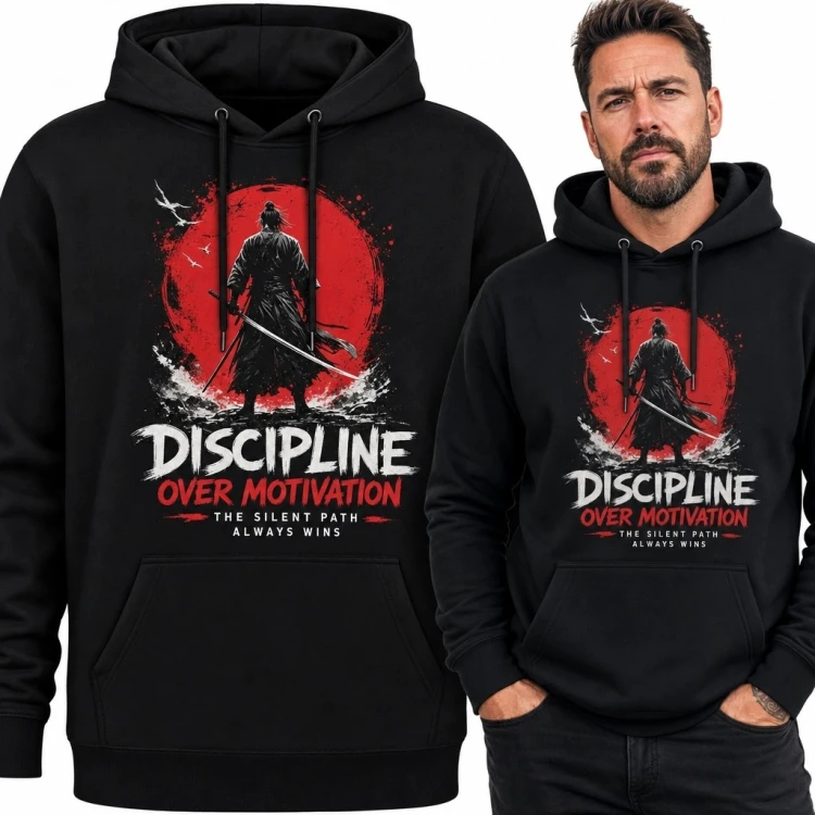 Bluza męska z kapturem z samurajem - „Discipline over motivation”