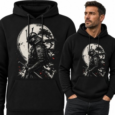 Bluza męska z kapturem z samurajem i pełnią księżyca