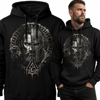 Bluza męska z kapturem - wiking i wojownik z krukiem oraz valknutem
