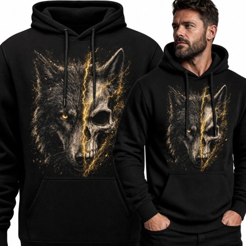 Bluza męska z kapturem z wilkiem i wilczą czaszką - mroczny motyw fantasy