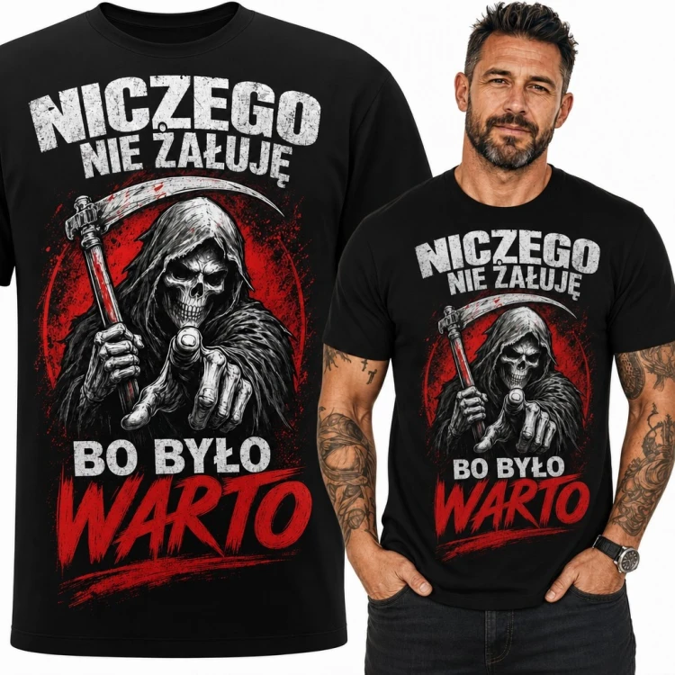 Koszulka męska z Ponurym Żniwiarzem i napisem „Niczego nie żałuję, bo było warto” - mroczny wzór