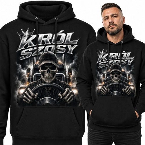 Bluza męska z kapturem dla kierowcy ciężarówki „Król szosy” - szkielet za kierownicą