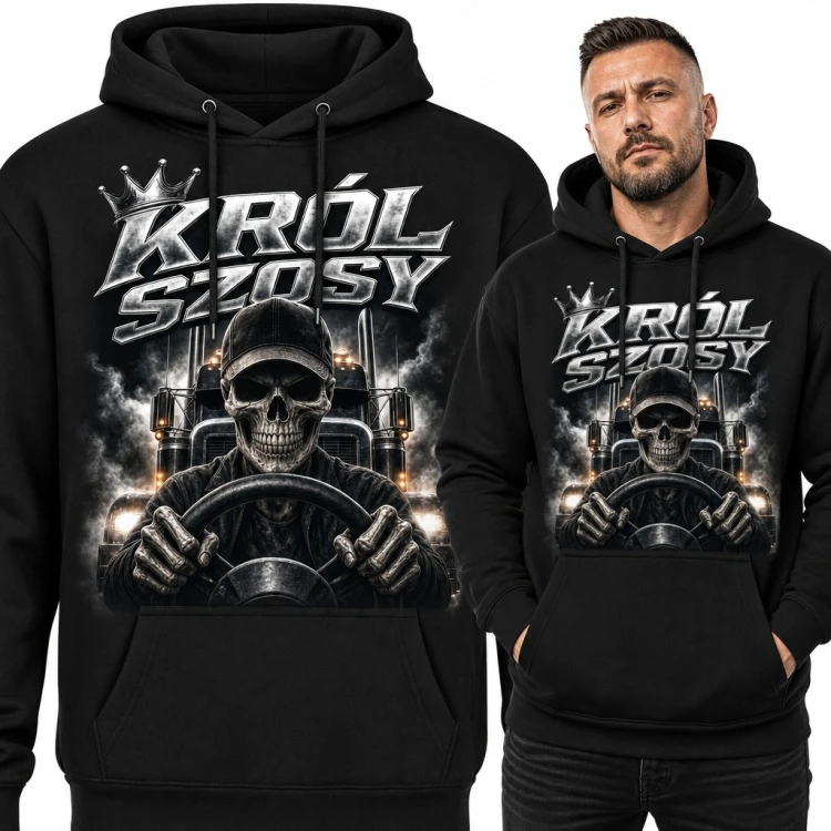 Bluza męska z kapturem dla kierowcy ciężarówki „Król szosy” - szkielet za kierownicą