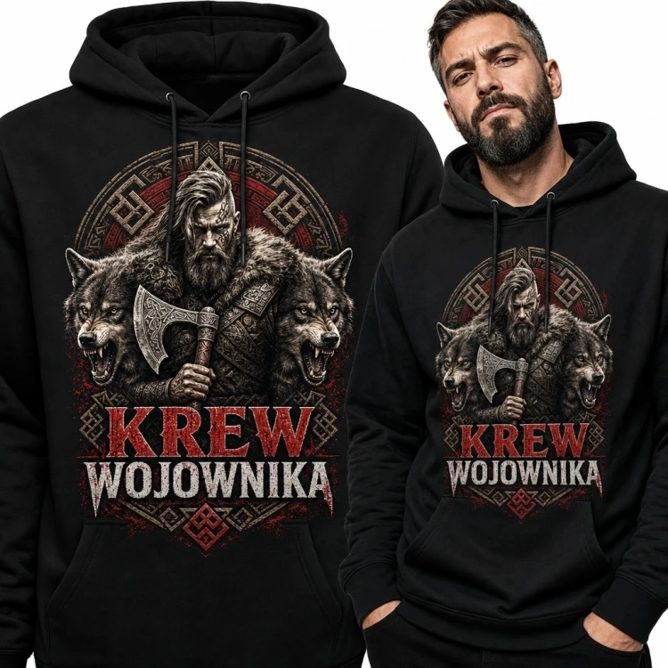 Bluza męska z kapturem z wikingiem i wilkami - „Krew wojownika”