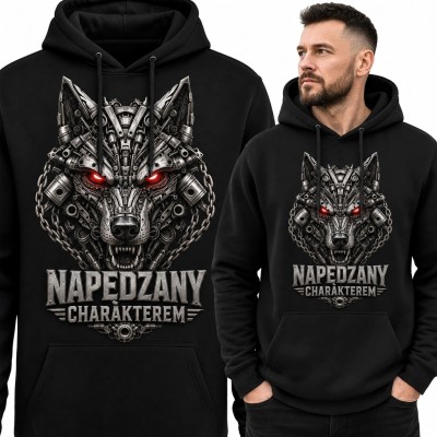 Bluza męska z kapturem z mechanicznym wilkiem „Napędzany charakterem”