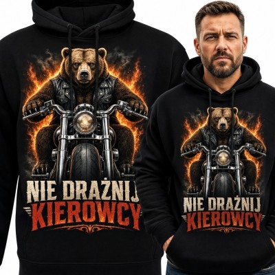 Bluza męska z kapturem dla motocyklisty „Nie drażnij kierowcy” - niedźwiedź i płomienie