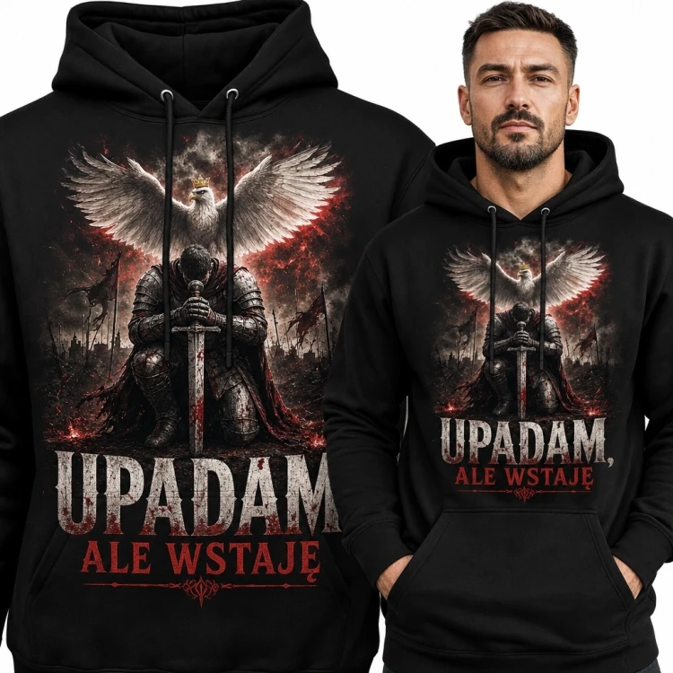 Bluza męska z kapturem z rycerzem „Upadam, ale wstaję” - motyw wytrwałości