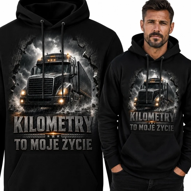 Bluza męska z kapturem z ciężarówką - „Kilometry to moje życie”