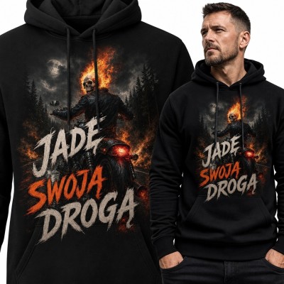 Bluza męska z kapturem dla motocyklisty „Jadę swoją drogą” - płonąca czaszka