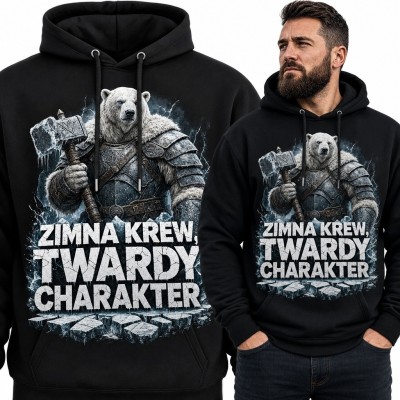 Bluza męska z kapturem „Zimna krew, twardy charakter” - niedźwiedź polarny wojownik fantasy