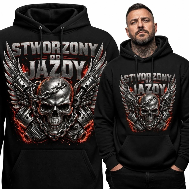 Bluza męska z kapturem „Stworzony do jazdy” - czaszka z łańcuchem i elementami silnika