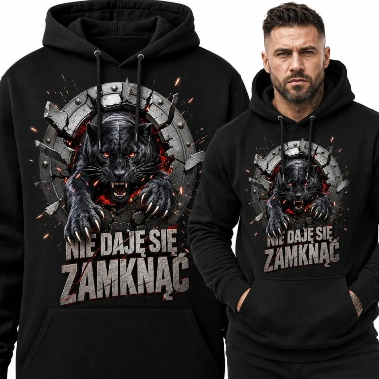 Bluza męska z kapturem z czarną panterą „Nie daję się zamknąć” - mroczny wzór