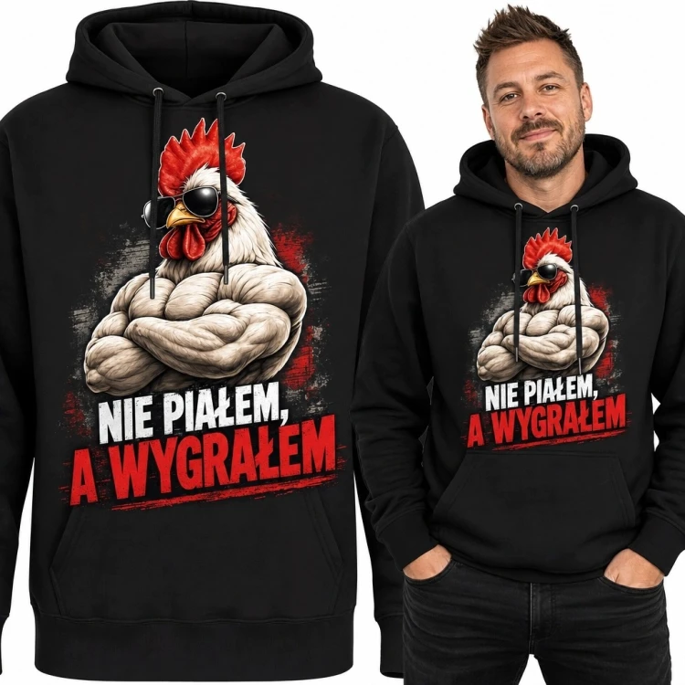 Bluza męska z kapturem z kogutem „Nie piałem, a wygrałem” - śmieszny nadruk