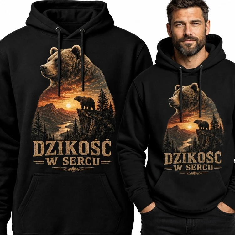 Bluza męska z kapturem z niedźwiedziem „Dzikość w sercu” - górska dzicz