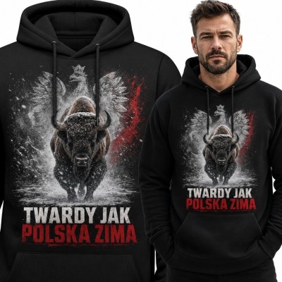 Bluza męska z kapturem z żubrem i Orłem Białym „Twardy jak polska zima”