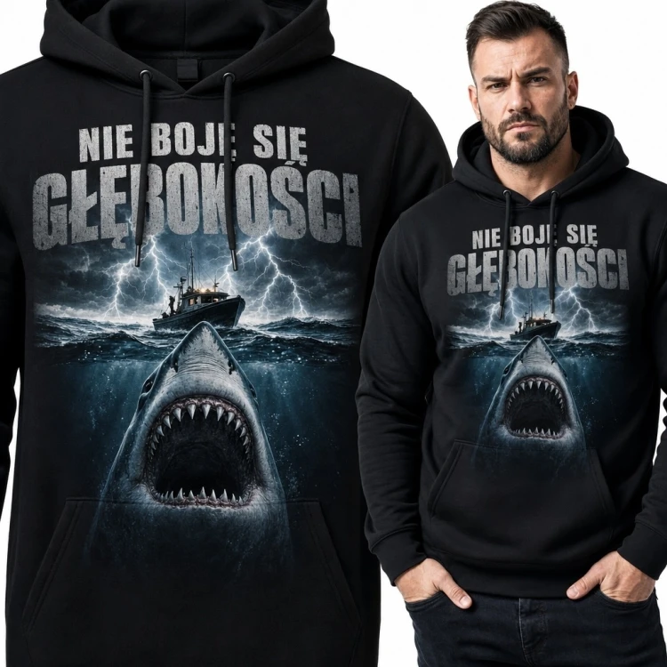 Bluza męska z kapturem z rekinem „Nie bój się głębokości” - mroczny morski motyw