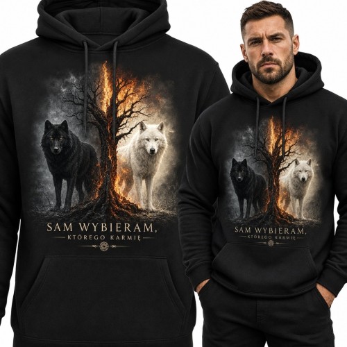 Bluza męska z kapturem z wilkami i hasłem „Sam wybieram, którego karmię” - płonące drzewo