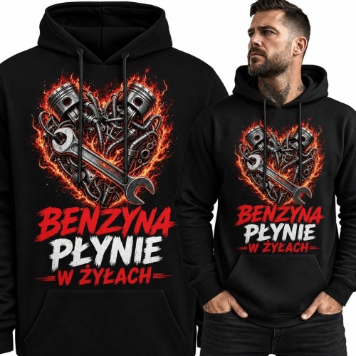 Bluza męska z kapturem dla fana motoryzacji „Benzyna płynie w żyłach” - mechaniczne serce