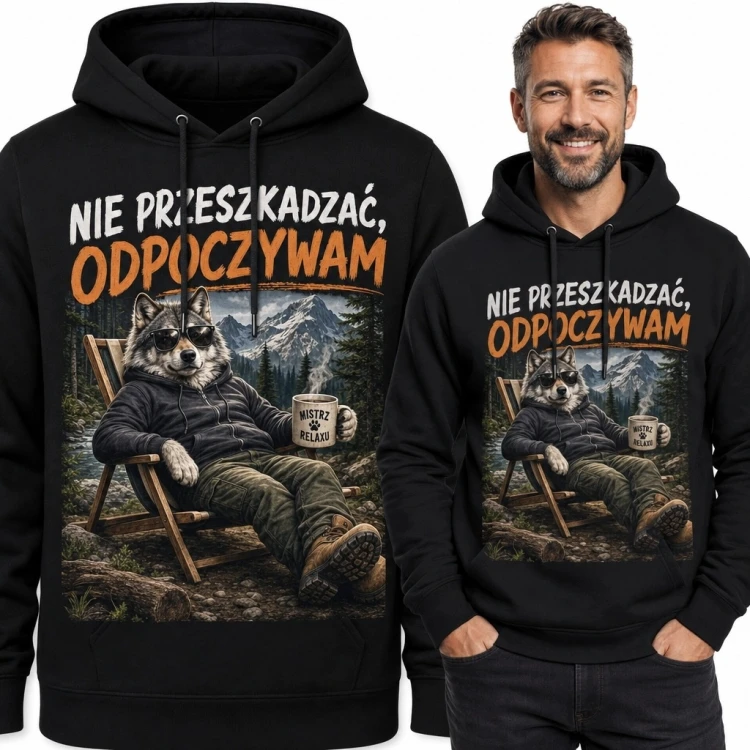 Bluza męska z kapturem z wilkiem i napisem „Nie przeszkadzać, odpoczywam”