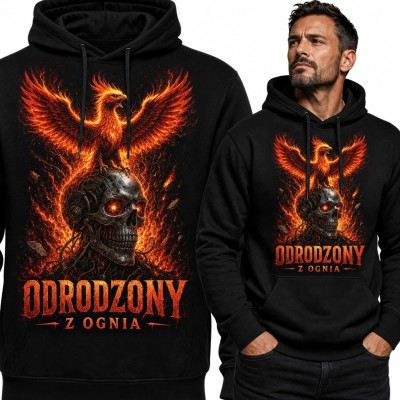 Bluza męska z kapturem z feniksem i biomechaniczną czaszką „Odrodzony z ognia” - mroczny wzór fantasy