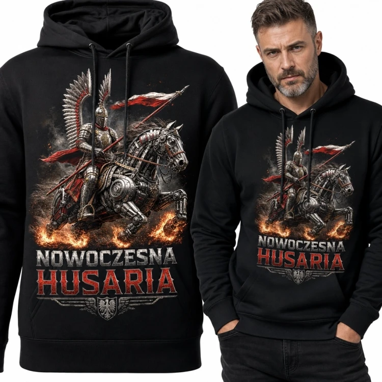 Bluza męska z kapturem z husarzem „Nowoczesna husaria” - patriotyczny motyw science fiction