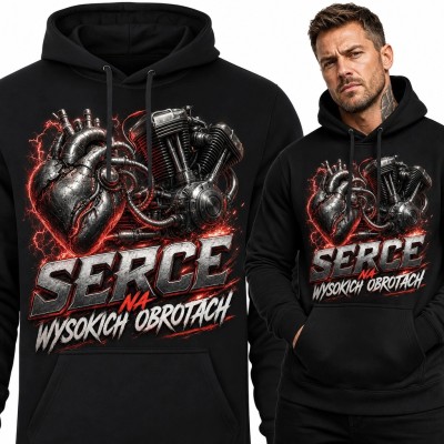 Bluza męska z kapturem dla motocyklisty „Serce na wysokich obrotach” - anatomiczne serce z silnikiem