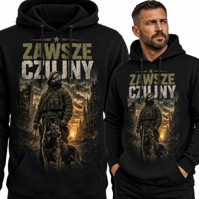 Bluza męska z kapturem „Zawsze czujny” - owczarek niemiecki i postapokaliptyczny patrol