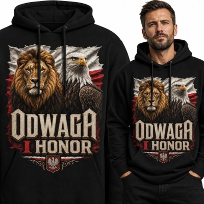Bluza męska z kapturem z lwem i bielikiem „Odwaga i honor” - patriotyczna