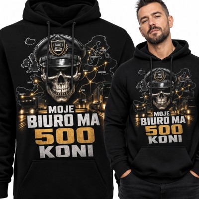 Bluza męska z kapturem dla kierowcy ciężarówki „Moje biuro ma 500 koni” - czaszka i ciężarówki
