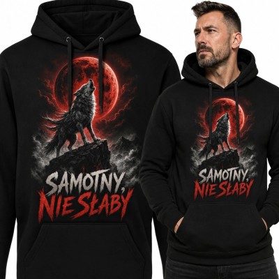 Bluza męska z kapturem z wilkiem „Samotny nie słaby” - czerwony księżyc