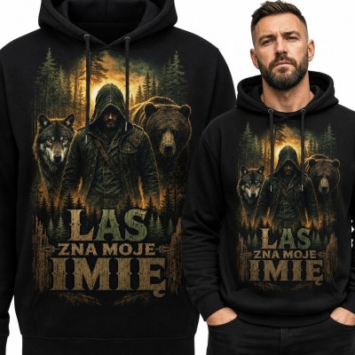 Bluza męska z kapturem „Las zna moje imię” - leśny motyw z wilkiem i niedźwiedziem