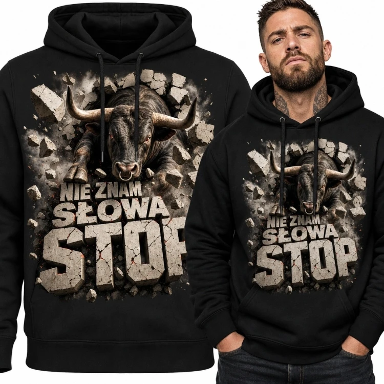Bluza męska z kapturem „Nie znam słowa stop” - byk przebijający ścianę