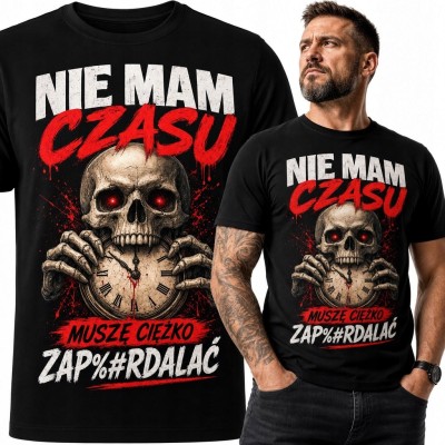 Koszulka męska z czaszką i zegarem „Nie mam czasu” - mroczny wzór