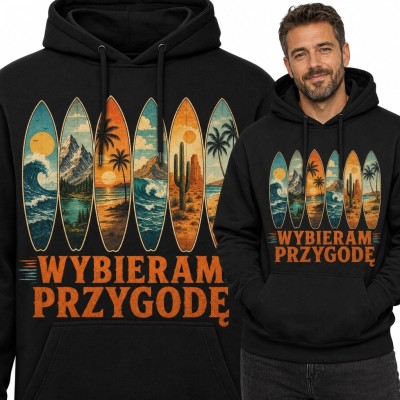 Bluza męska z kapturem „Wybieram przygodę” - podróżniczy motyw desek i krajobrazów