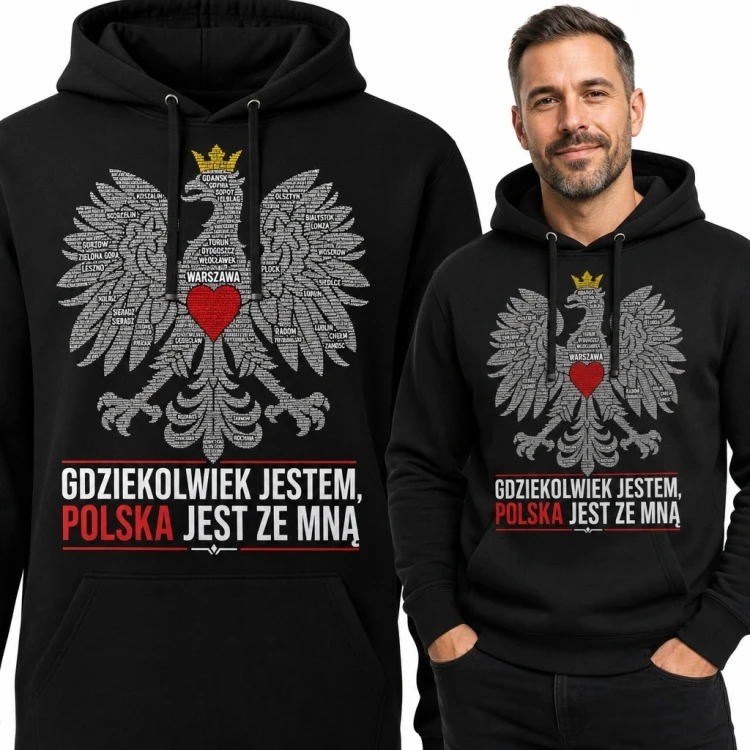 Bluza męska z kapturem ze stylizowanym Orłem Białym i napisem „Gdziekolwiek jestem, Polska jest ze mną” - patriotyczna