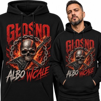 Bluza męska z kapturem z czaszką i gitarami „Głośno albo wcale” - rock i metal