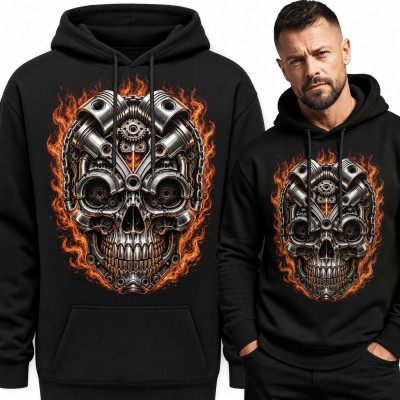 Bluza męska z kapturem - mechaniczna czaszka w płomieniach